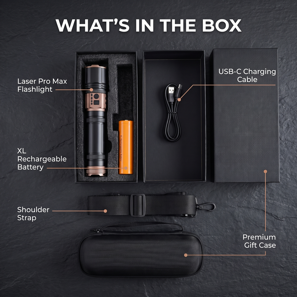 Laser Pro Max Professional | Linterna recargable de largo alcance y batería externa